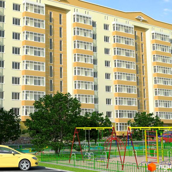 Зображення фасаду будинку на вулиці Вербицького, 20. На передньому плані дитячий майданчик та зелені насадження.