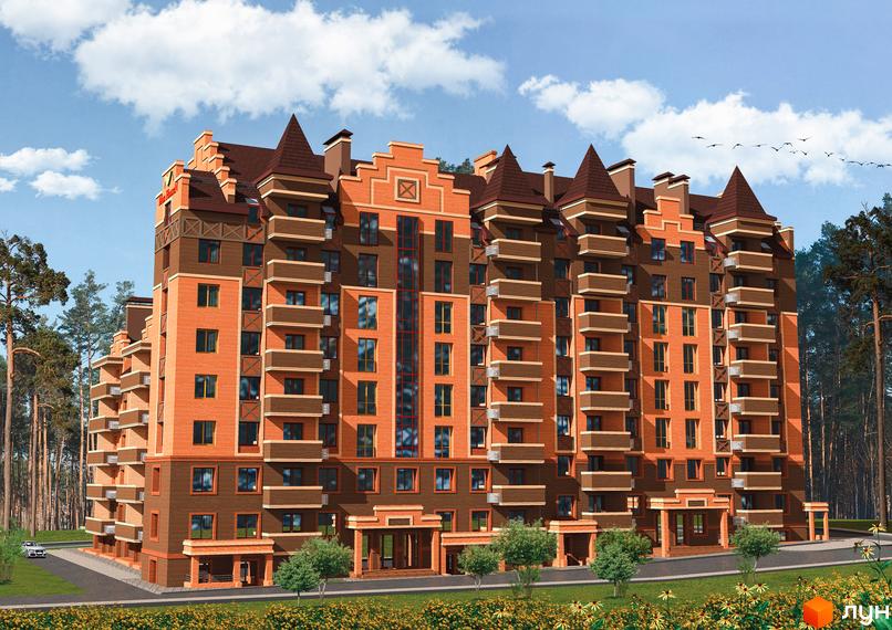 Зображення фасаду Житлового комплексу MunHausen. Багатоповерховий будинок з балконами, розташований серед дерев та квітів.