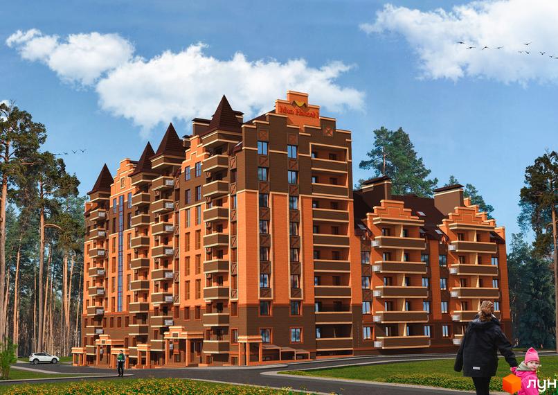 Новобудова ЖК MunHausen з цегляним фасадом та балконами. Навколо будівлі зелена територія з деревами та дорогою.