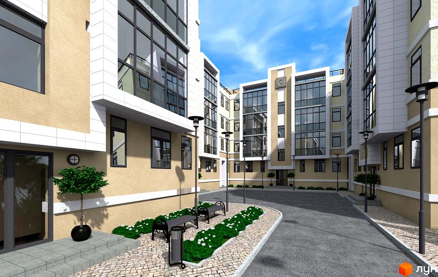 Зображення фасаду та подвір'я Житлового комплексу Villa Sofia. Вигляд новобудови з великими вікнами та ландшафтним дизайном.