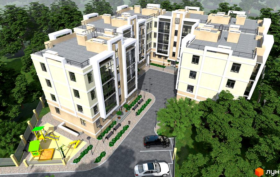 Зображення Житлового комплексу Villa Sofia. Вигляд багатоповерхового будинку з прибудинковою територією, парковкою та дитячим майданчиком.