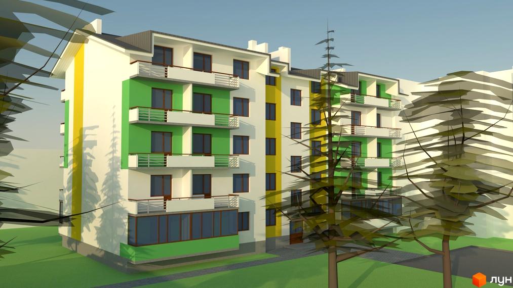 Новобудова ЖК Серпанок з яскравим фасадом у зелених та жовтих кольорах. Навколо будинку зелена територія та дерева.