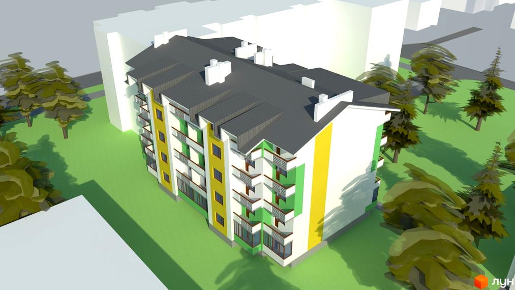 Зображення Житлового комплексу Серпанок. Багатоповерховий будинок з балконами, зелена територія з деревами.