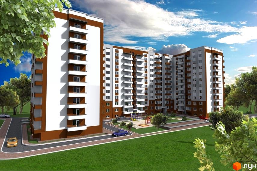 Зображення будинку за адресою вул. Наукова, 2д. Багатоповерхова будівля з балконами та дитячим майданчиком на прибудинковій території.