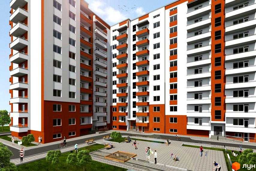 Зображення фасаду та прибудинкової території Новобудови по вулиці Наукова, 2д. На світлині видно багатоповерховий будинок та дитячий майданчик.