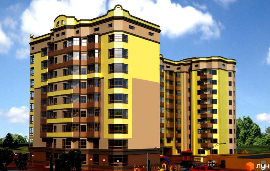 Зовнішній вигляд новобудови ЖК Центральний: багатоповерховий будинок з жовтими та коричневими фасадами, балконами та великими вікнами. На прибудинковій території видно зелені насадження та елементи дитячого майданчика.