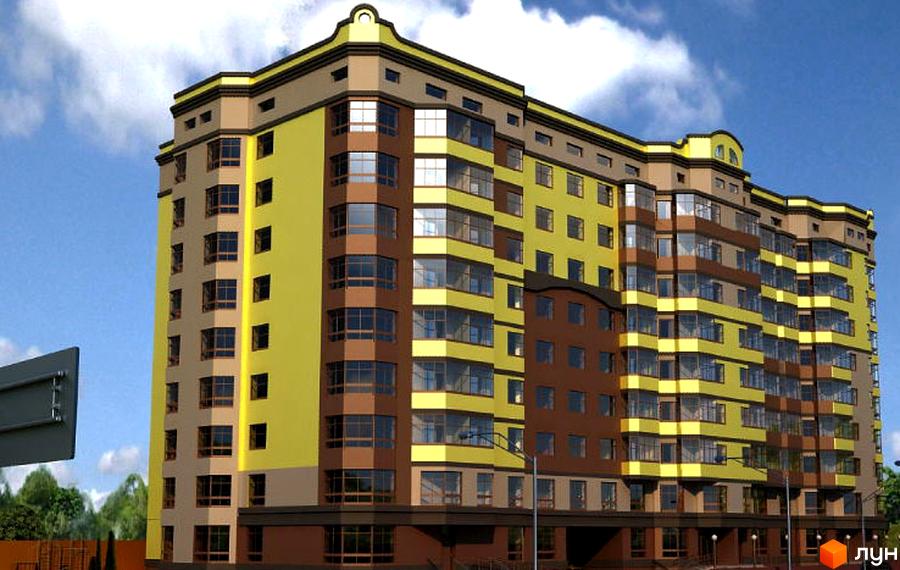 Зображення Житлового комплексу Центральний. Багатоповерховий будинок з жовтим та коричневим фасадом на фоні блакитного неба.