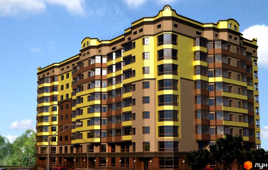 Житловий комплекс Центральний – багатоповерхова новобудова з жовто-коричневим фасадом та панорамними вікнами. Біля будинку розташовані дерева та вуличне освітлення.