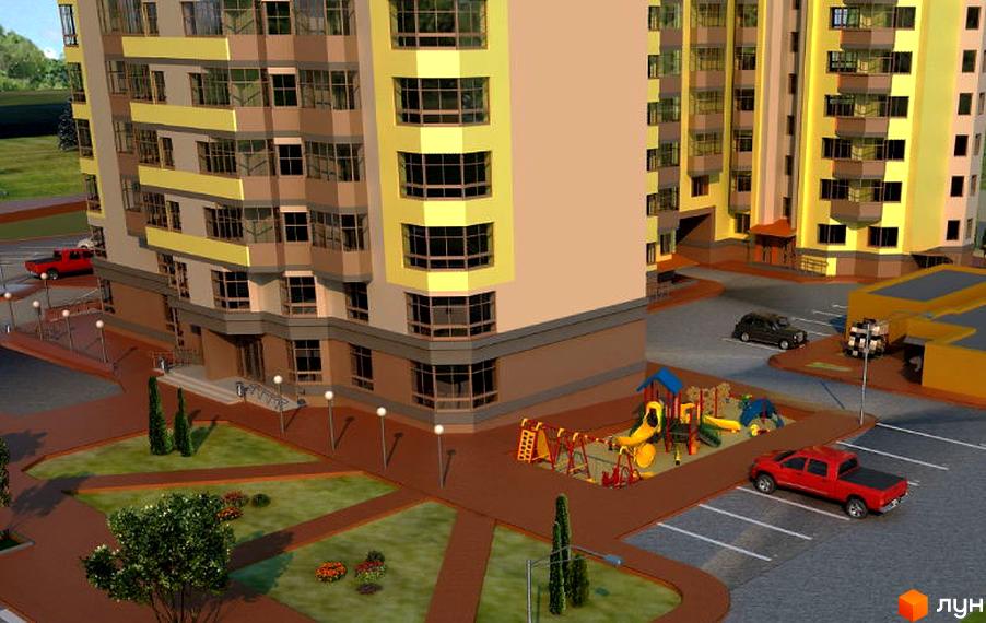 Зовнішній вигляд новобудови ЖК Центральний з дитячим майданчиком та парковкою. Сучасний житловий комплекс з елегантною архітектурою та доглянутою прибудинковою територією.