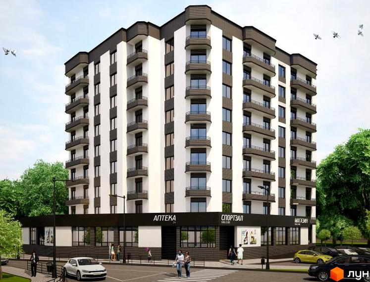 Житловий комплекс Сафрон - це сучасна новобудова з балконами та комерційними приміщеннями на першому поверсі. Навколо будинку розташовані дерева та дорога з автомобілями.