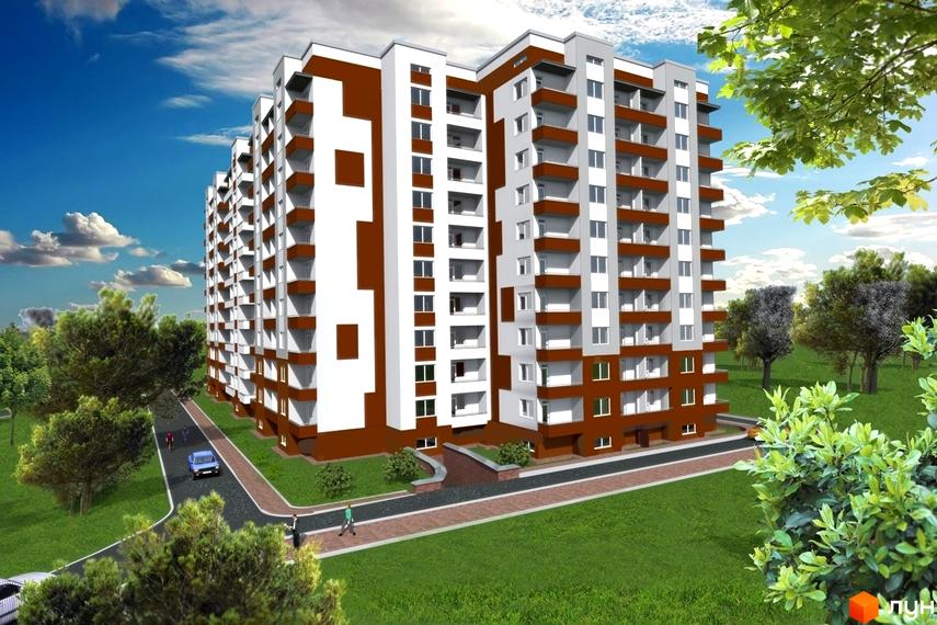 Зображення дев'ятиповерхового будинку на вулиці Науковій, 2д. Житловий комплекс з балконами та прибудинковою територією.