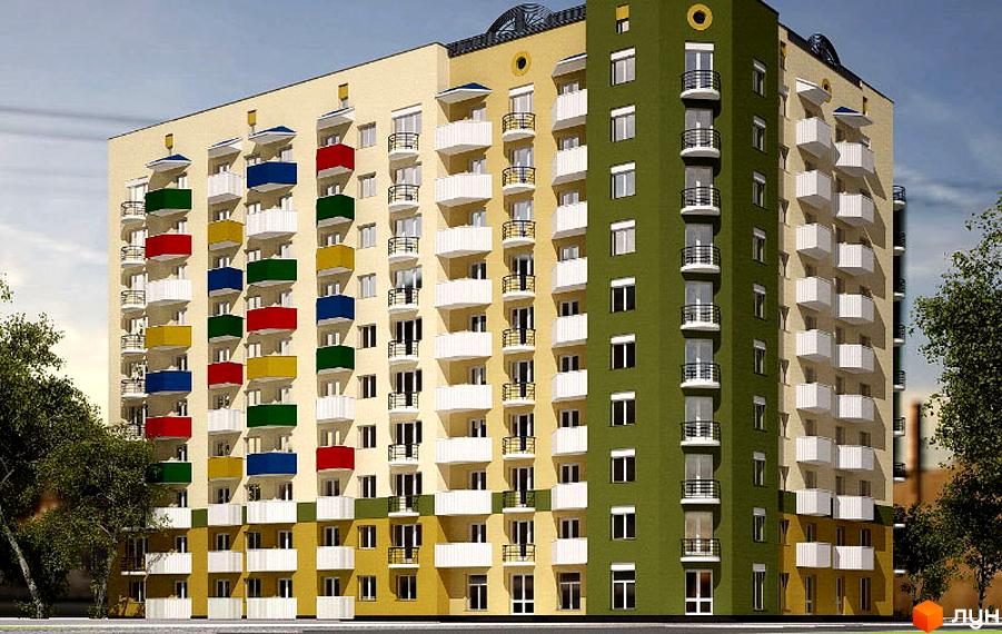 Житловий комплекс бул. Маршала Конєва, 1б: яскрава багатоповерхівка з різнокольоровими балконами та зеленим фасадом. Будинок оточений деревами.