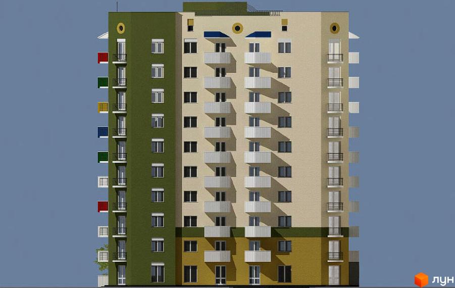 Зображення фасаду житлового комплексу по вул. Маршала Конєва, 1б. Багатоповерхова будівля з балконами та яскравими кольоровими акцентами.