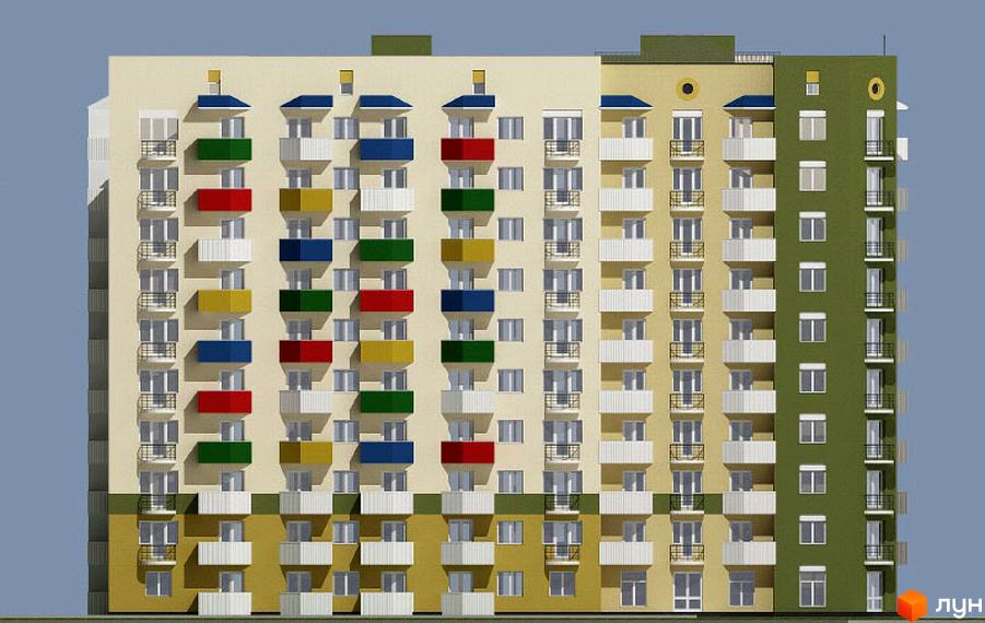 Зображення фасаду будинку на бул. Маршала Конєва, 1б. Багатоповерхівка з балконами, пофарбованими в різні кольори. Світлий фасад та зелена секція.