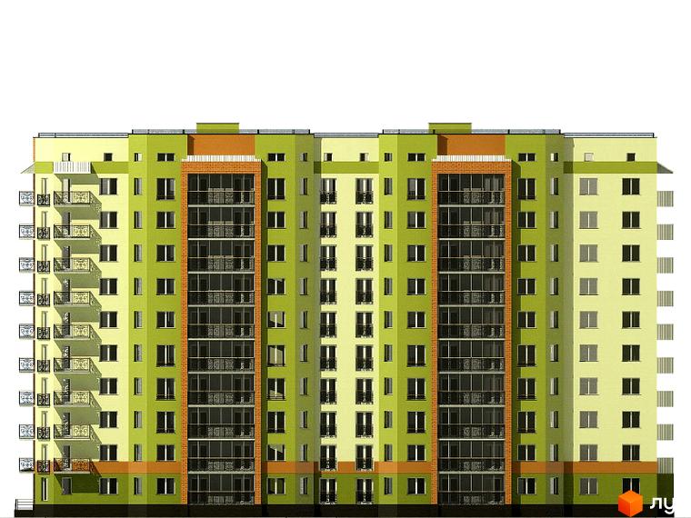 Зображення фасаду житлового будинку на вул. Красіна, 65а. Багатоповерхова будівля з балконами та великими вікнами, виконана в світлих тонах.