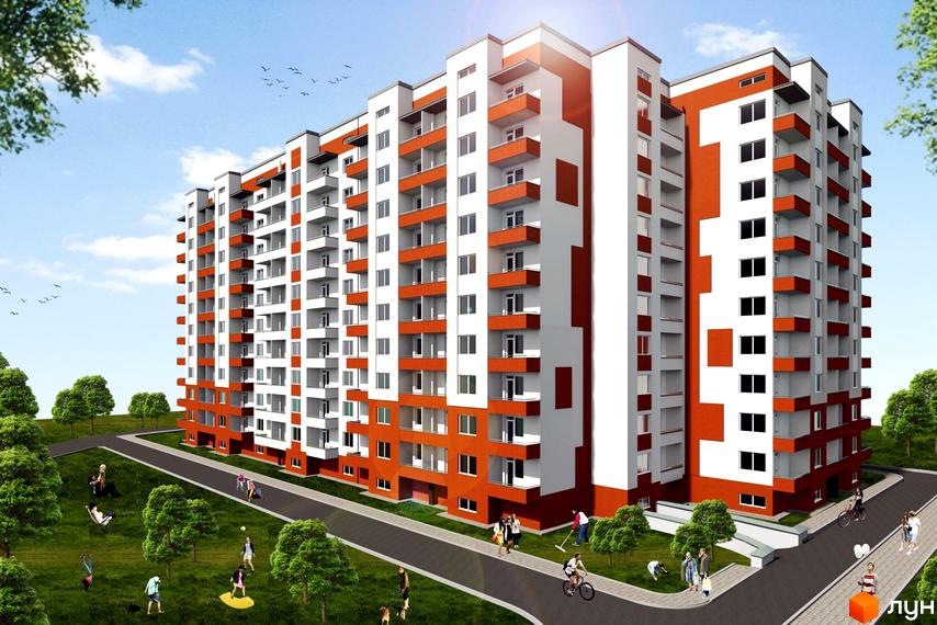 Зображення багатоповерхового будинку за адресою вул. Наукова, 2д. Навколо будинку зелена територія з деревами та пішохідними доріжками.