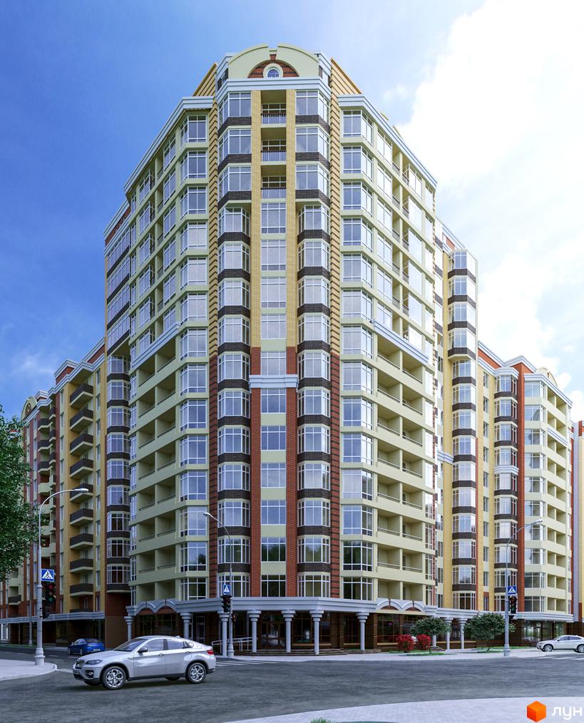 Зображення фасаду багатоповерхового будинку. Житловий комплекс Левада з великими вікнами та балконами.