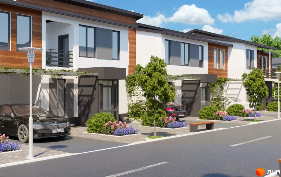 Зображення таунхаусів у Житловому комплексі „Південний квартал“. Двоповерхові будинки з дерев'яним оздобленням та великими вікнами, перед будинками зелені насадження.