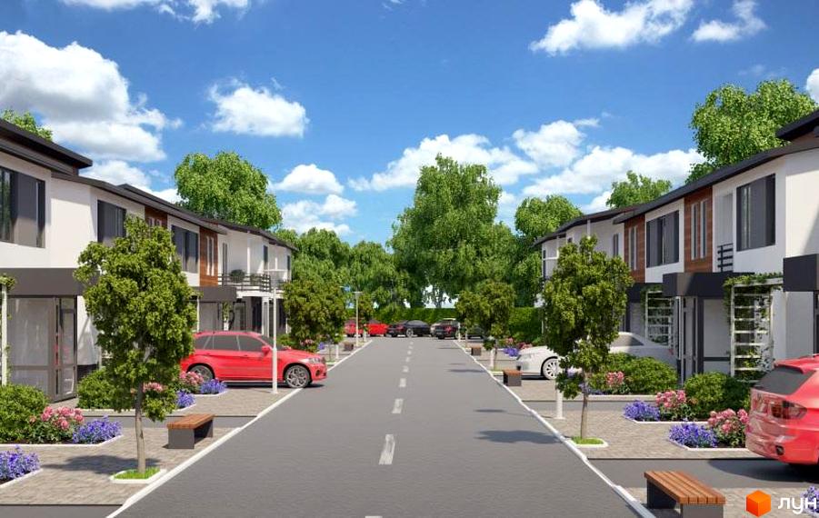 Зображення таунхаусів „Південний квартал“ з прибудинковою територією. Вигляд житлового будинку та озеленення навколо.