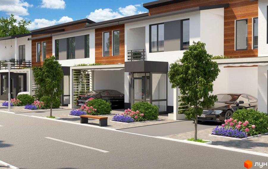 Зображення таунхаусів «Південний квартал». Фасад будинку з дерев'яним оздобленням, перед будинком зелені насадження та припарковані автомобілі.