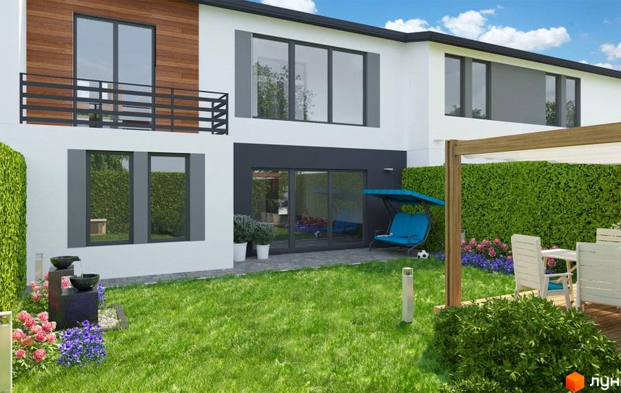 Зображення таунхаусів „Південний квартал“ з великими вікнами та балконом. На території зелений газон, декоративні насадження та зона відпочинку.