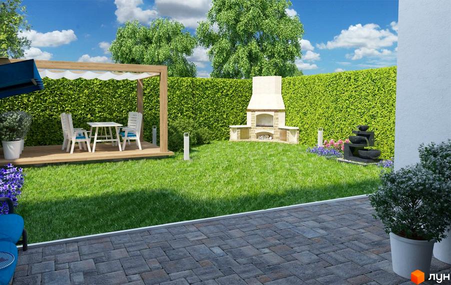 Таунхауси Південний квартал: затишна тераса з обіднім столом та мангал біля зеленого паркану. Чудовий відпочинок на природі.