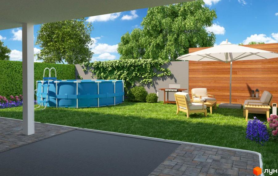 Зображення двору таунхаусів „Південний квартал“ з басейном, зоною відпочинку та газоном. Вигляд з тераси на зелену територію комплексу.