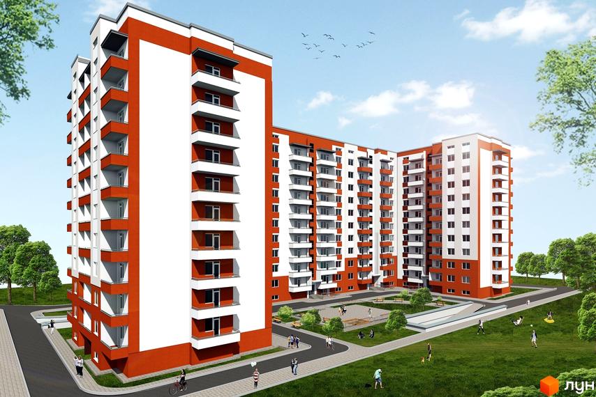 Зображення фасаду та прибудинкової території житлового комплексу на вулиці Наукова, 2д. Багатоповерховий будинок з дитячим майданчиком та зеленими насадженнями.