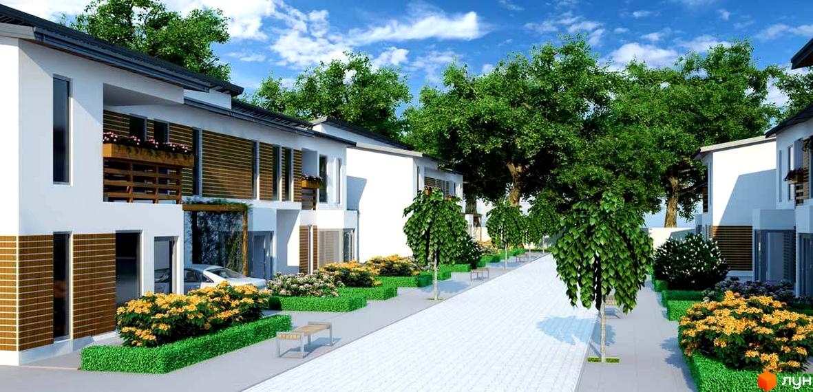 Зображення таунхаусів „Південний квартал“ з білими стінами та коричневими вставками. Навколо будинків зелені насадження та доглянута територія.