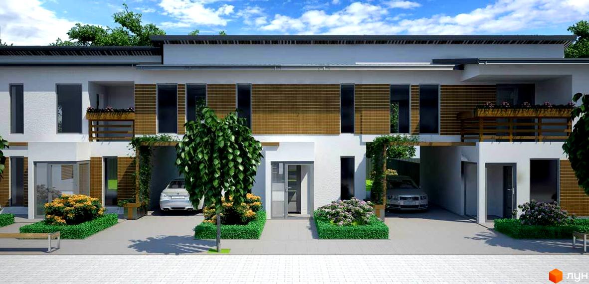 Зображення таунхаусів «Південний квартал». Двоповерхові будинки з білими стінами та дерев'яними вставками, перед будинками зелені насадження та автомобілі.