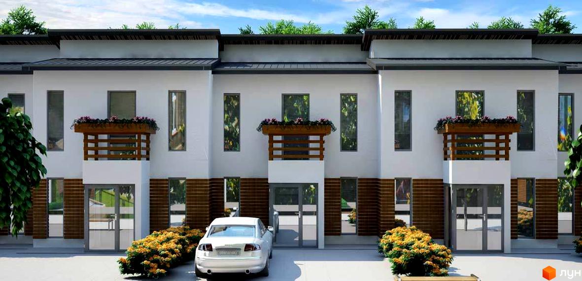 Зображення таунхаусів „Південний квартал“ з білими фасадами, темним дахом та декоративними балкончиками. Перед будинками розташовані зелені насадження та припаркований автомобіль.