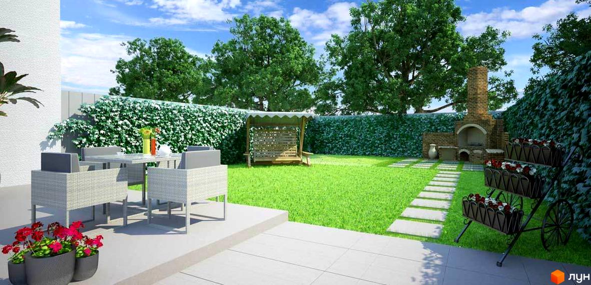 Таунхауси Південний квартал: затишний двір з барбекю, гойдалкою та зоною відпочинку з плетеними меблями. Зелена галявина та квіти створюють приємну атмосферу.