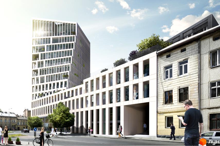 Зображення фасаду Forum Apartments. Висотна будівля з великими вікнами та прибудинковою територією.