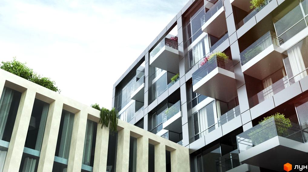 Зображення фасаду будинку Житлового комплексу Forum Apartments. На фото видно балкони з озелененням та скляні панелі.