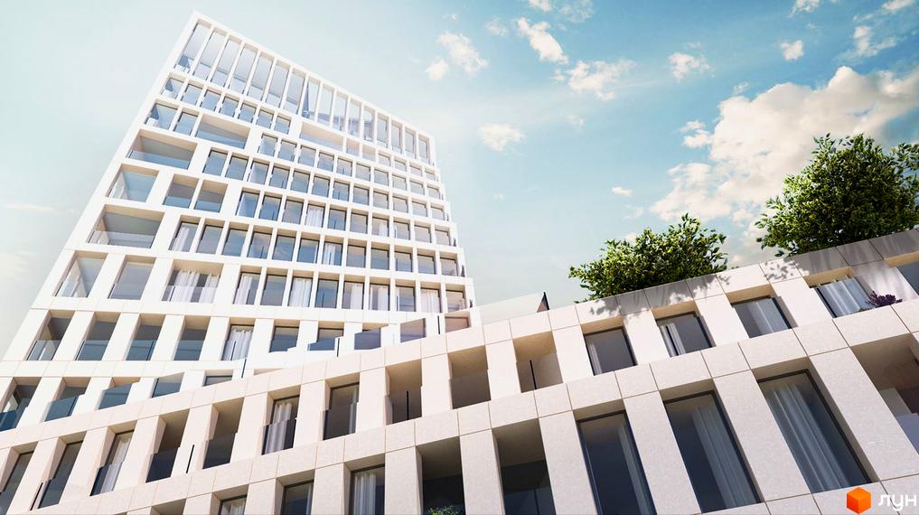 Зображення фасаду Житлового комплексу Forum Apartments. Багатоповерхова будівля з великими вікнами та балконами, частково озеленена.