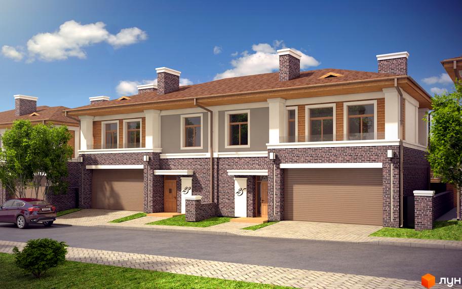 Таунхаус Комфорт сіті: двоповерхові будинки з цегляним фасадом, гаражними воротами та балконами. Прибудинкова територія з доглянутим газоном та дорогою.