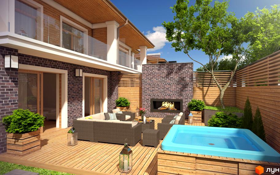 Зображення двоповерхового будинку з цегляним фасадом та дерев'яним оздобленням. На території є басейн, зона відпочинку з плетеними меблями та камін.