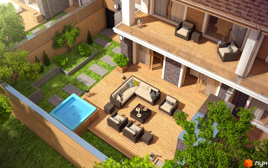 Зображення таунхауса „Комфорт сіті“ з терасою та басейном. На території є зелена зона з ландшафтним дизайном та зручними доріжками.