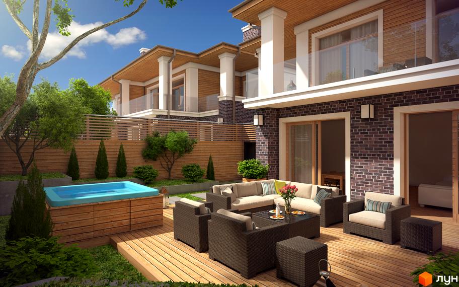 Таунхаус Комфорт сіті з цегляним фасадом та дерев'яними елементами. На прибудинковій території розташована тераса з зоною відпочинку та джакузі.