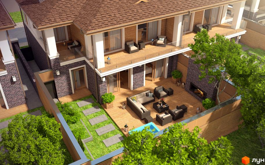 Зображення таунхауса „Комфорт сіті“ з терасою та зоною відпочинку. Вигляд будинку з прибудинковою територією, газоном та басейном.