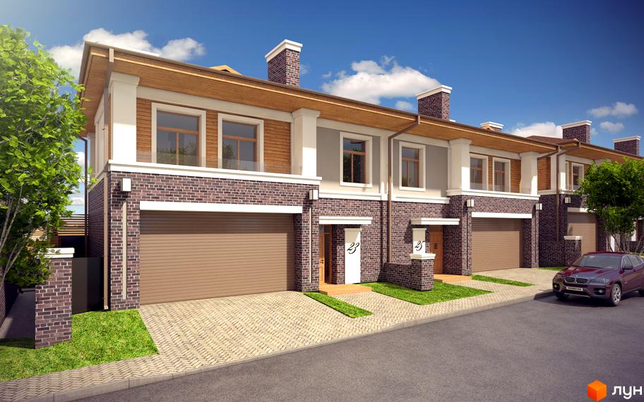 Зображення таунхаусів у Житловому комплексі „Комфорт сіті“. Фасад будинку з гаражем, прибудинкова територія з газоном і тротуарною плиткою.