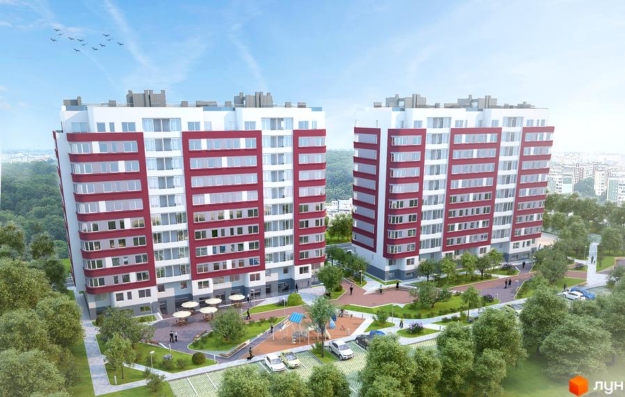 Зображення житлового комплексу на вул. Демнянська, 26, 30. Вигляд багатоповерхового будинку з червоними вставками та облаштованою прибудинковою територією з паркінгом і дитячим майданчиком.