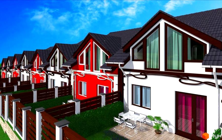Зображення таунхаусів у Житловому комплексі Grass House. Вигляд будинків з червоними та білими фасадами та темними дахами, перед будинками зелені насадження та огорожа.