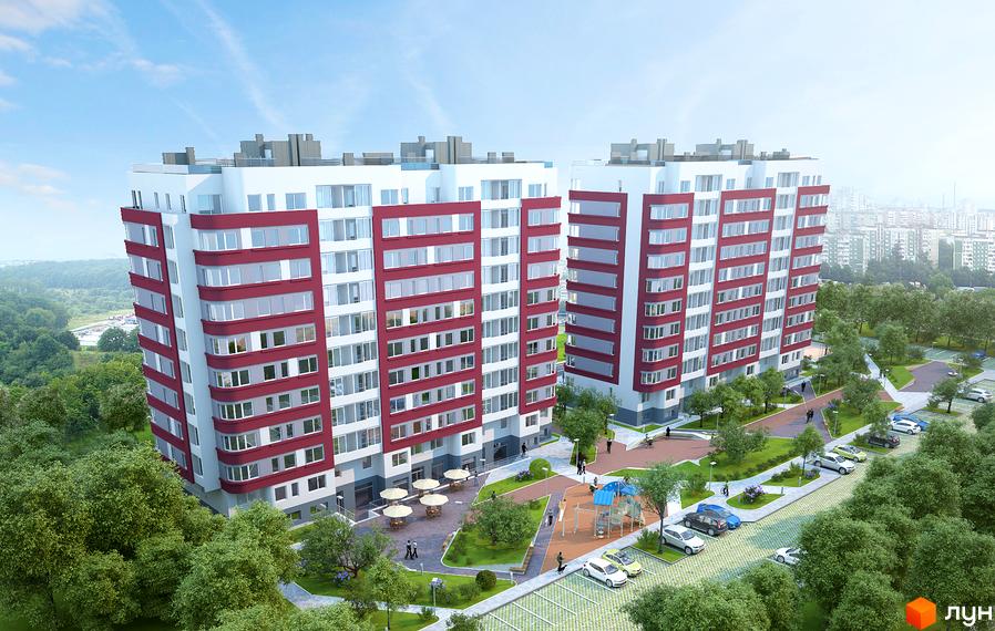 Зображення багатоповерхового будинку Житлового комплексу на вулиці Демнянська, 26, 30. На території є дитячий майданчик, парковка та зелені насадження.