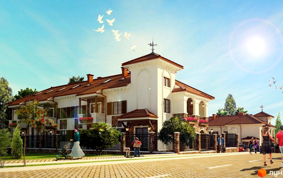 Таунхаус Villa Italia з червоним черепичним дахом та білими стінами. Навколо будинку доглянута територія з деревами та пішохідними доріжками.