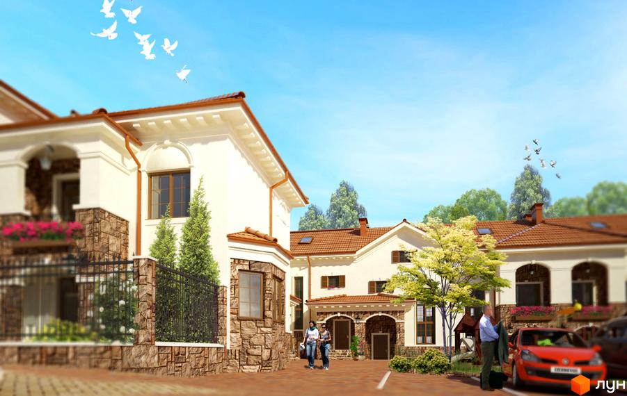 Таунхаус Villa Italia з білими фасадами, коричневими дахами та кам'яним оздобленням. На прибудинковій території є парковка та зелені насадження.