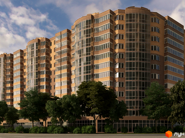 Зображення фасаду багатоповерхового будинку Житловий район Набережний квартал. На передньому плані зелені насадження.