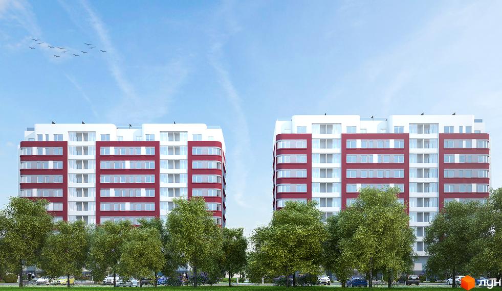 Зображення житлового комплексу по вулиці Демнянська, 26, 30. Вигляд двох багатоповерхівок з червоними вставками та великою кількістю вікон, перед будинками зелені дерева.