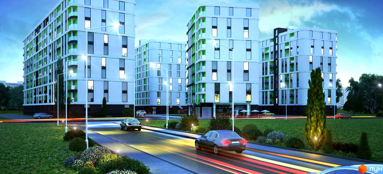 Зображення житлового комплексу Rubicon City з білими багатоповерхівками. На передньому плані дорога з автомобілями та зелена прибудинкова територія.