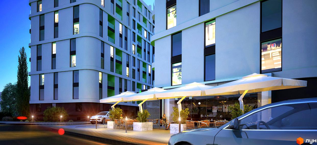 Зовнішній вигляд Новобудови Rubicon City: багатоповерхові будинки з великими вікнами, біля яких розташовані літні майданчики кафе з парасольками.